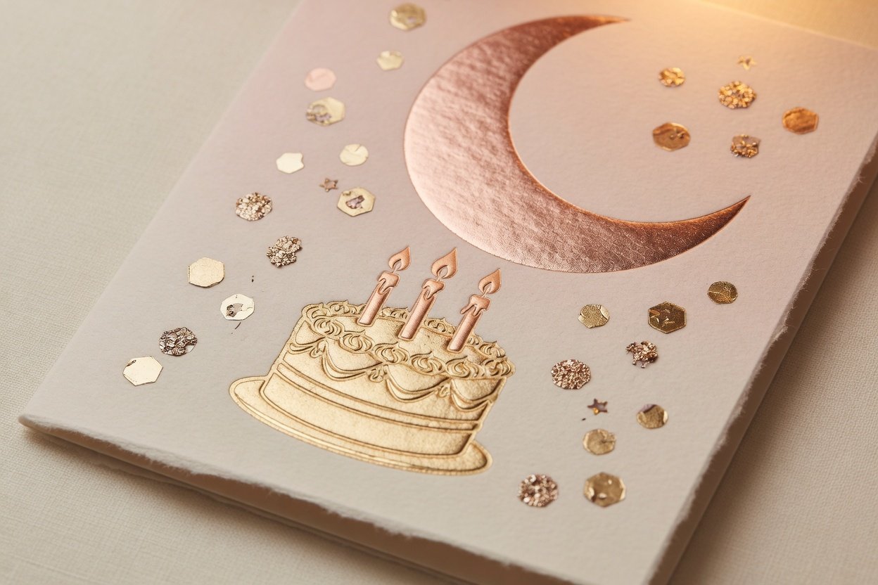 Happy Birthday gift card with rose-gold moon, cake, and candles