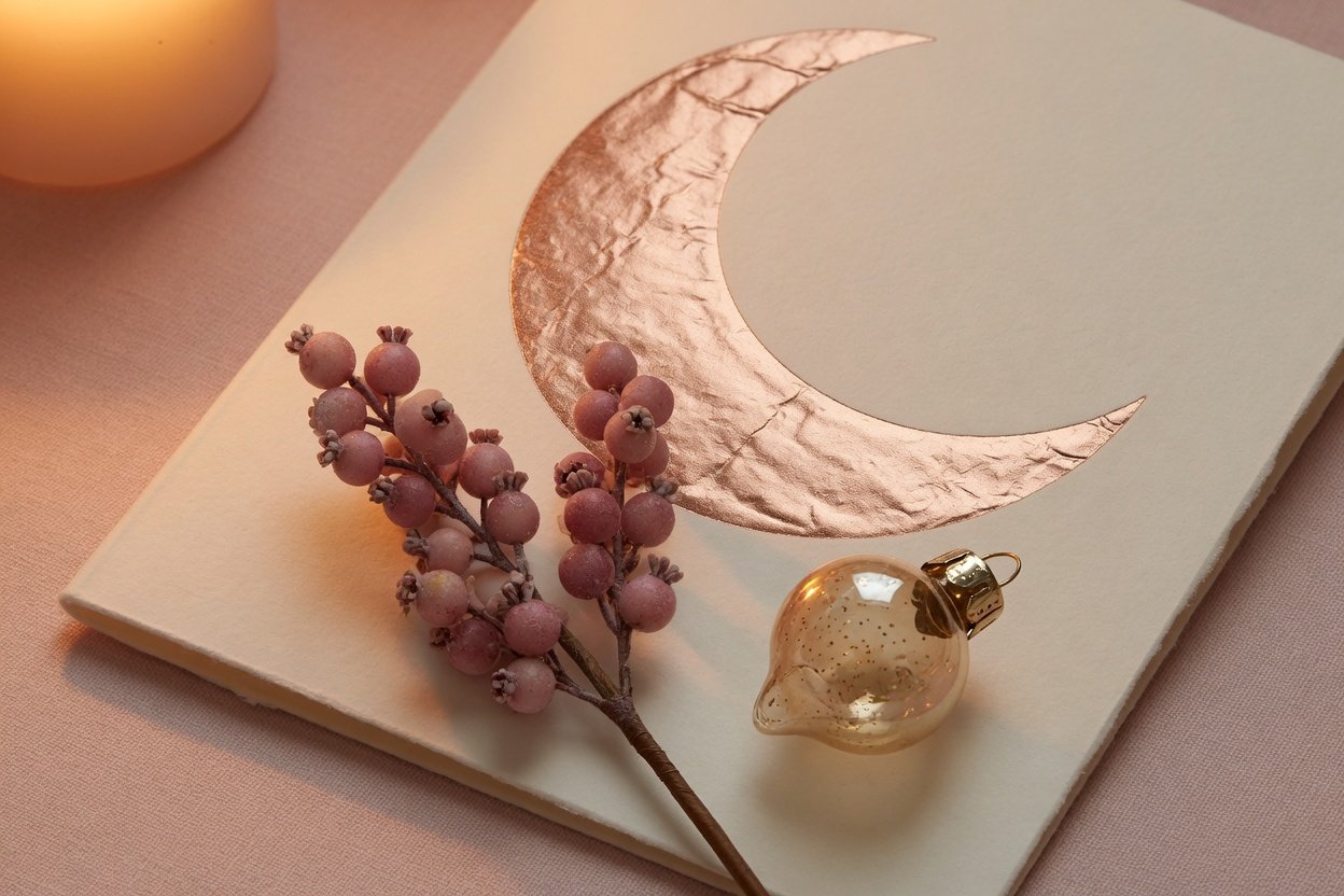 Christmas gift card with rose-gold moon, winter berries, and a gold ornament