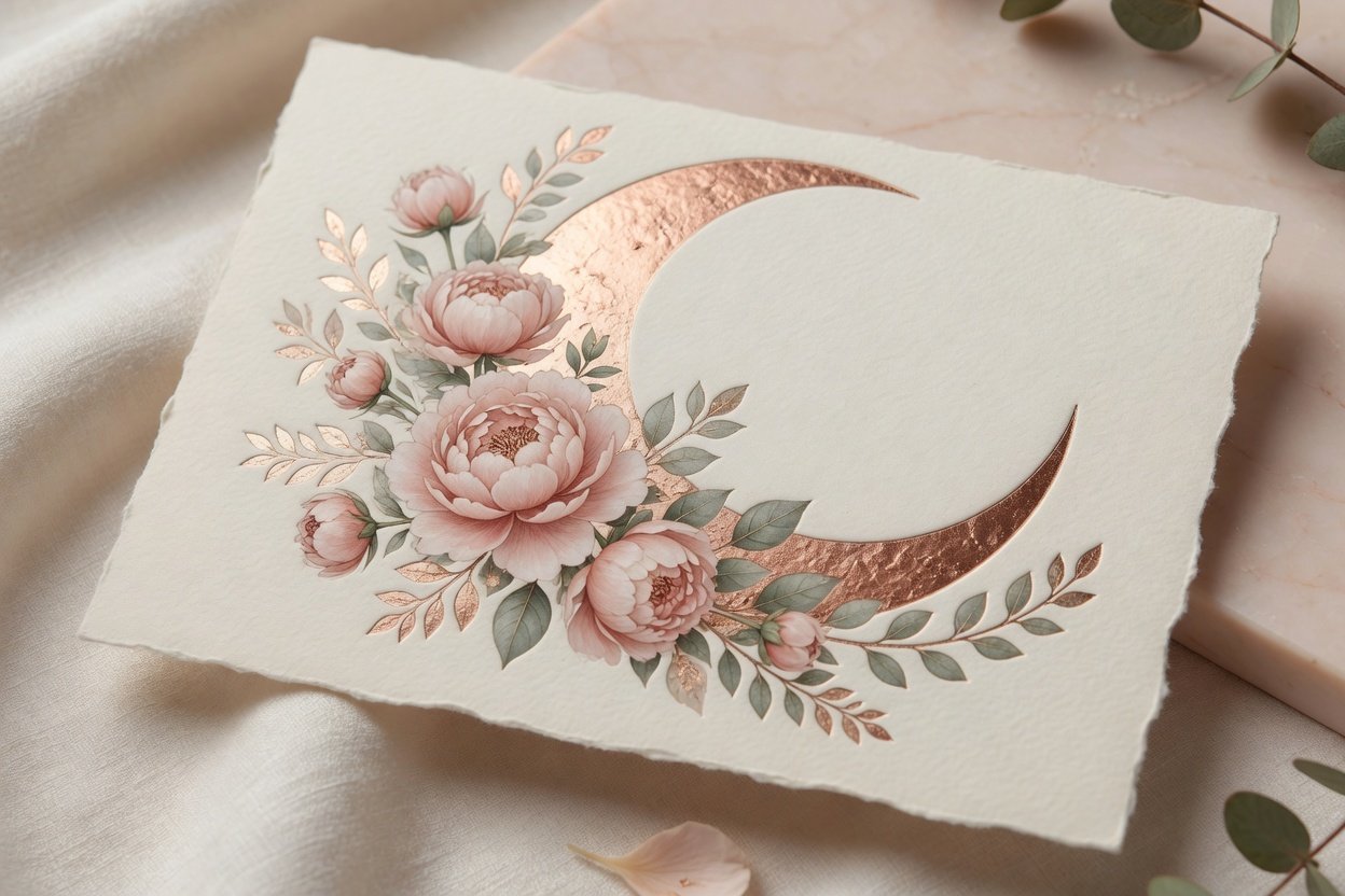 Mother's Day gift card with rose-gold moon and blush peonies