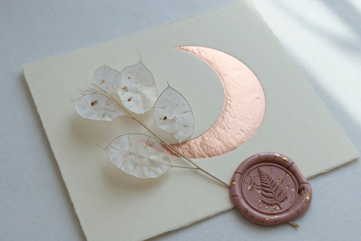 Thank You gift card with rose-gold moon, lunaria, and a wax seal