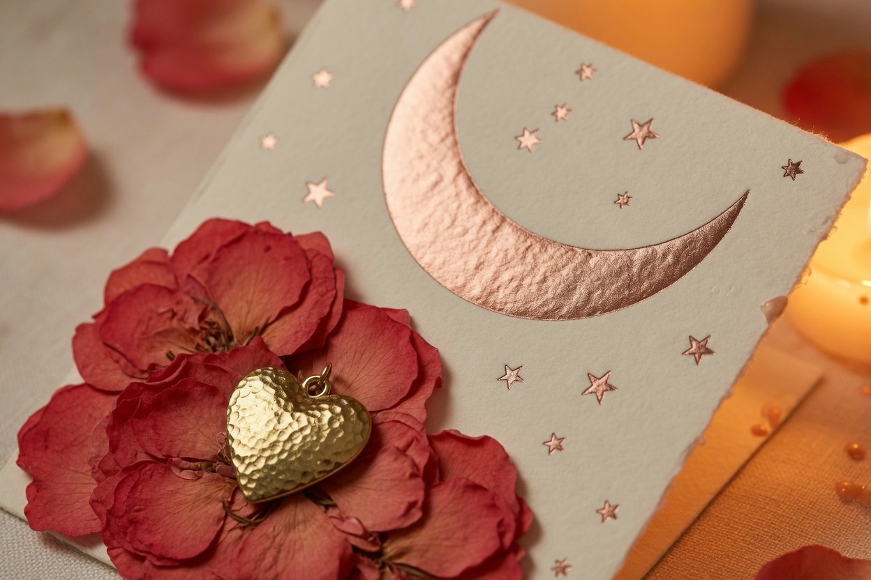 Valentine gift card with rose-gold moon, red roses, and a gold heart